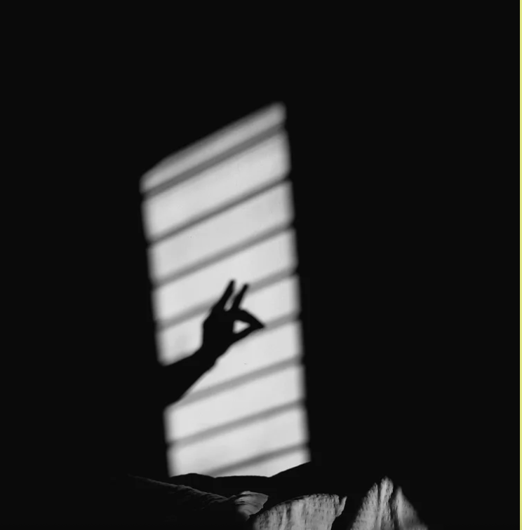 Black and white campaign image with a hand shadow