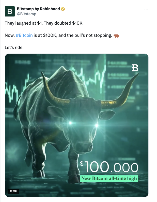 Bitstamp X post screenshot for Ride the Bull